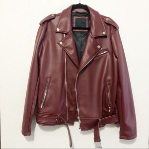 Zara Man Men’s Red Maroon Faux Leather Moto Jacket